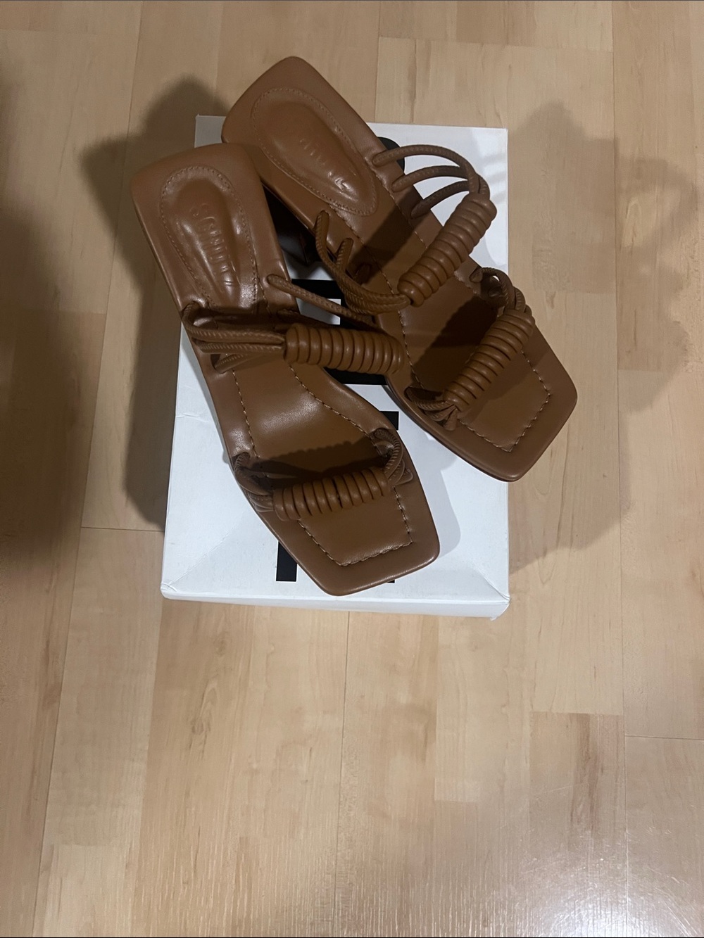 SCHUTZ Cognac Wrapped-Strap Square-Toe Sandals